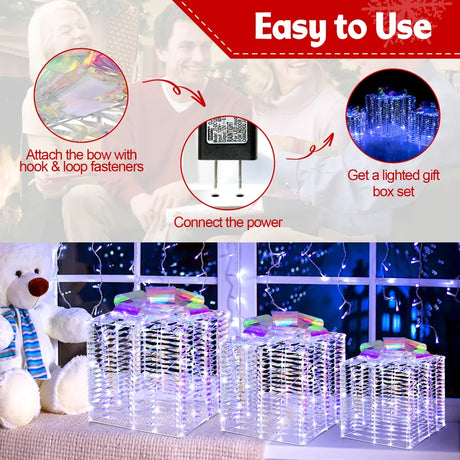 Set of 3 Iridescent Christmas Gift Box Decorations for Indoor Outdoor