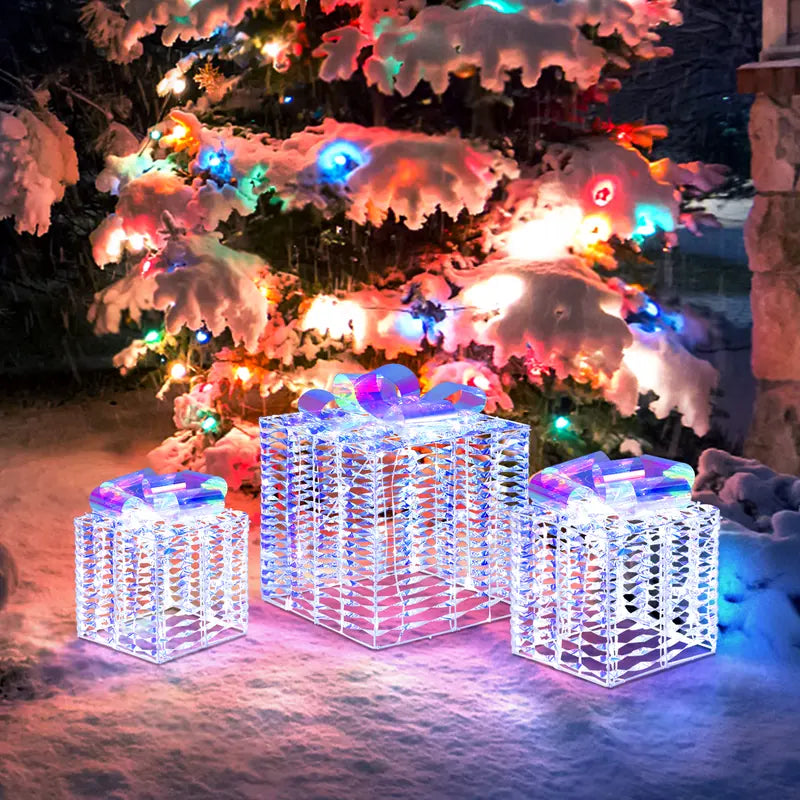 Set of 3 Iridescent Christmas Gift Box Decorations for Indoor Outdoor