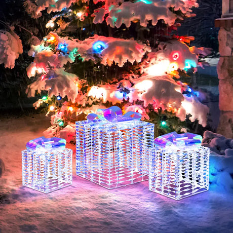 Set of 3 Iridescent Christmas Gift Box Decorations for Indoor Outdoor