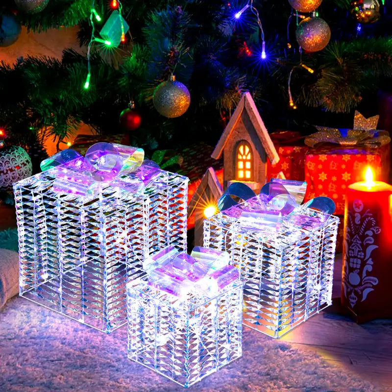 Set of 3 Iridescent Christmas Gift Box Decorations for Indoor Outdoor