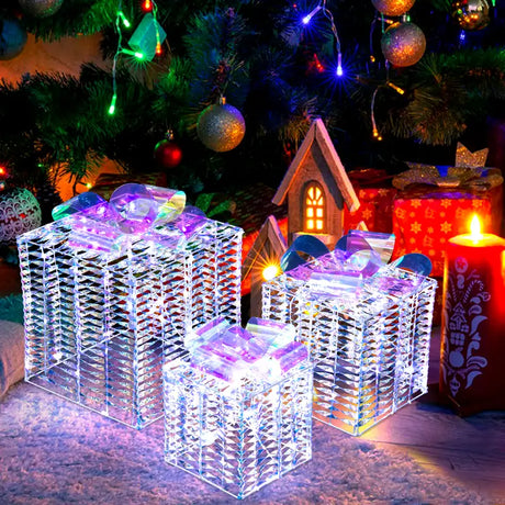 Set of 3 Iridescent Christmas Gift Box Decorations for Indoor Outdoor
