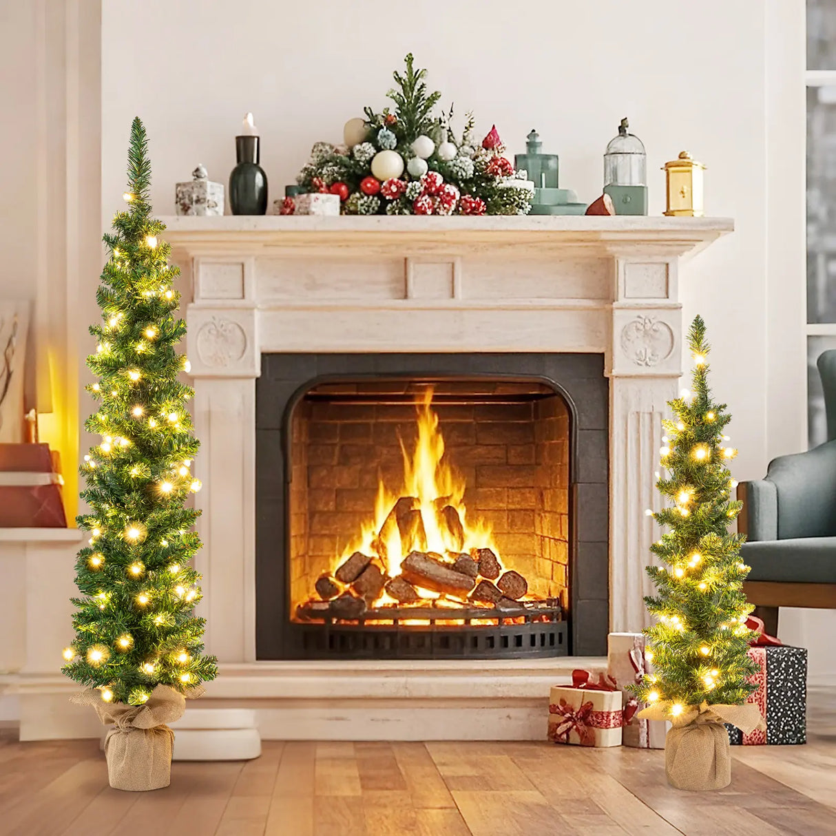 Set of 3 Pre-Lit Artificial Christmas Trees with 415 Green Branch Tips and 230 Warm White LED Lights