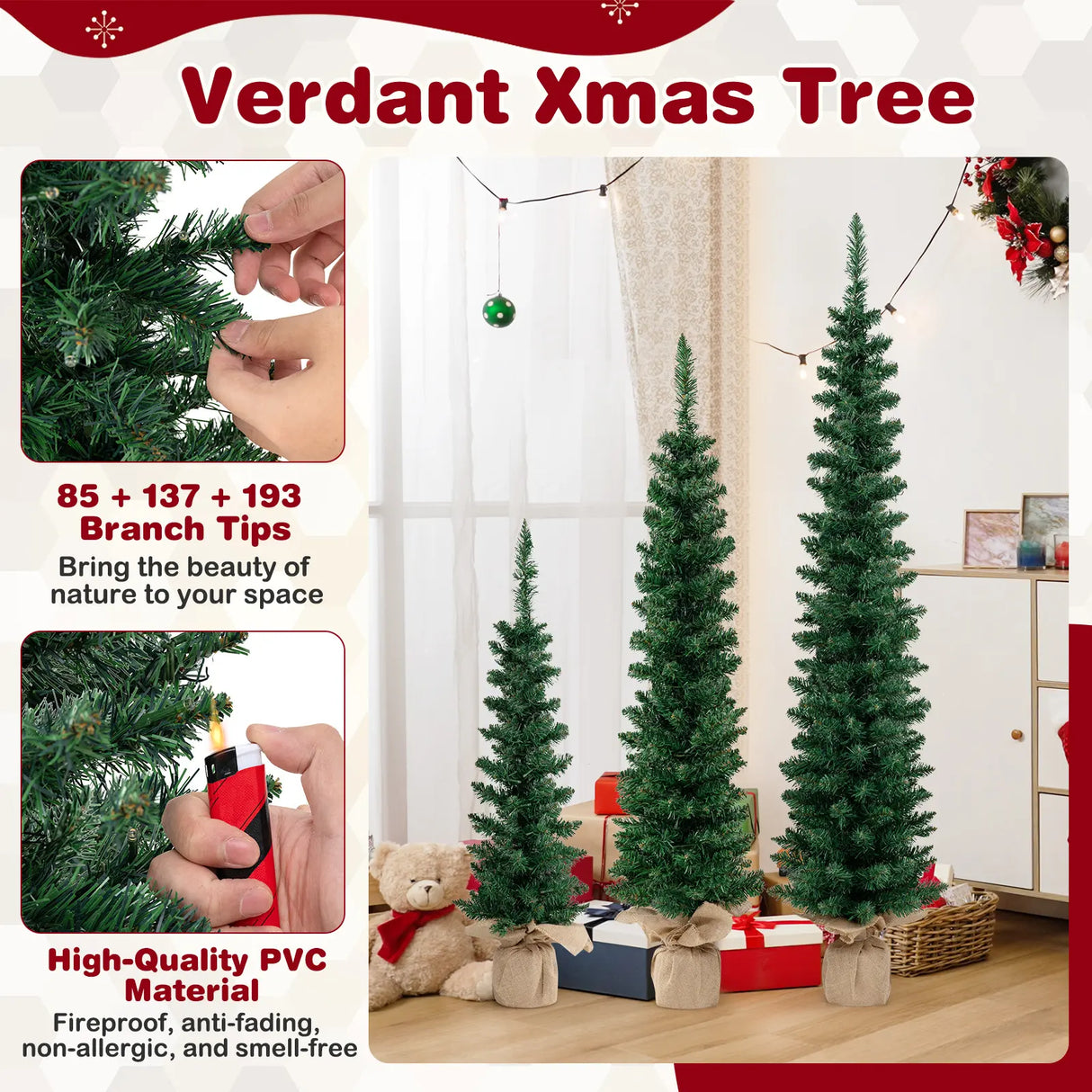 Set of 3 Pre-Lit Artificial Christmas Trees with 415 Green Branch Tips and 230 Warm White LED Lights