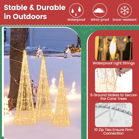 Set of 3 Pre-lit Christmas Cone Trees with Star Strings