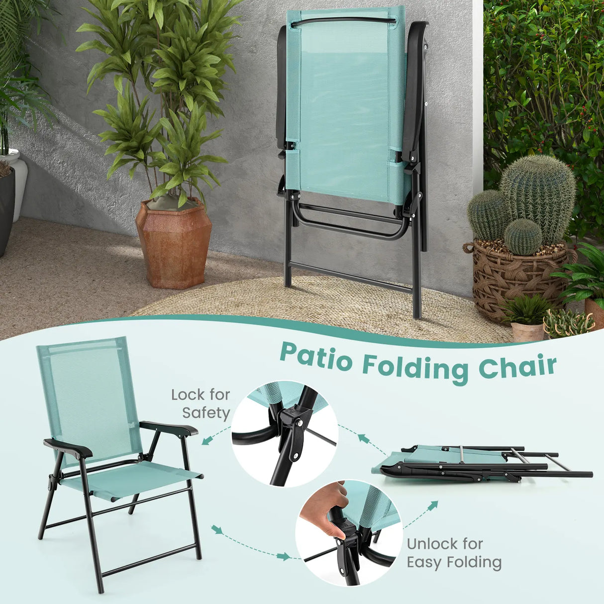 Set of 4 Folding Garden Chairs in Breathable Textilene Camping Chairs with Safety Lock and High Backrest Green