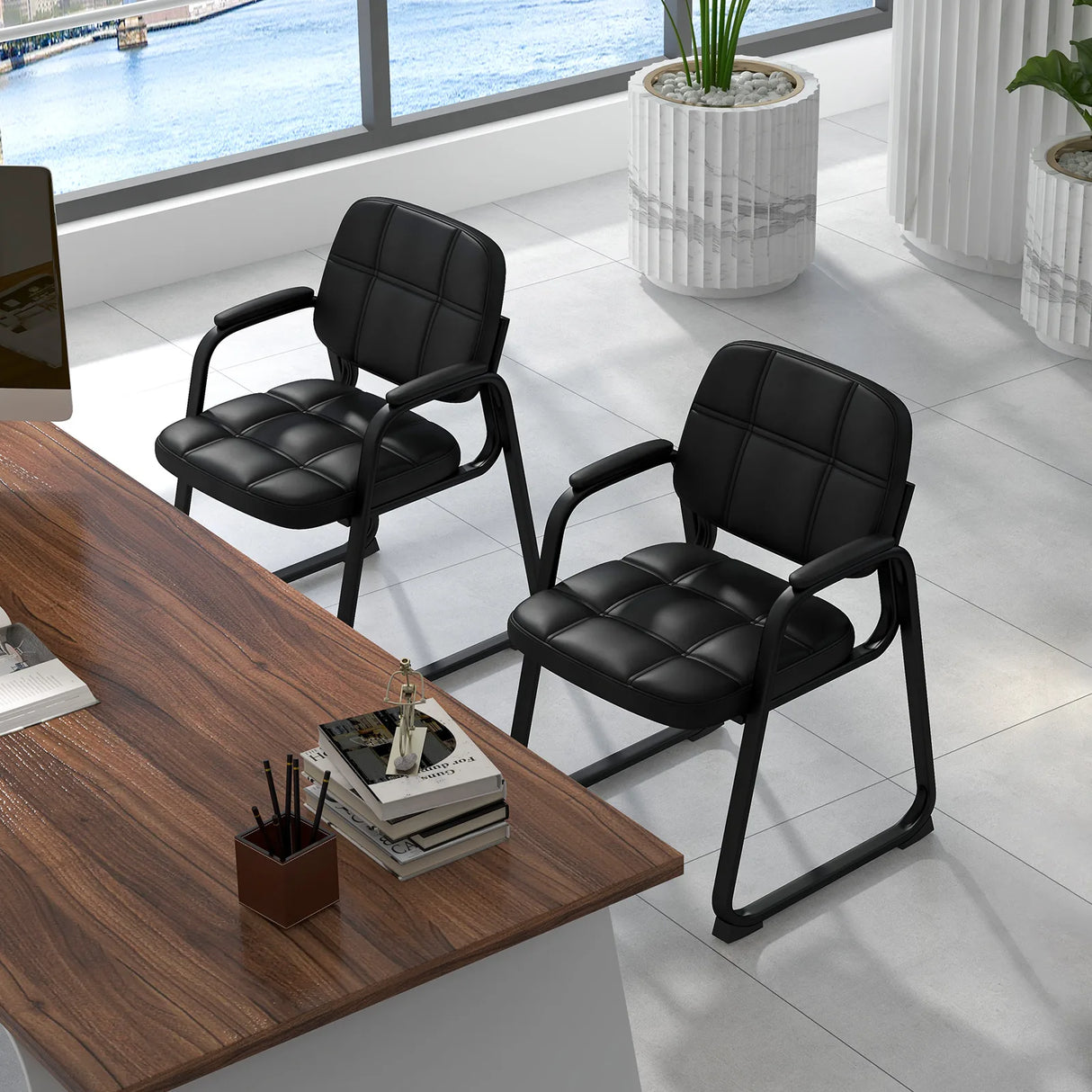Set of 4 Reception Guest Chair with Padded Armrests-Black