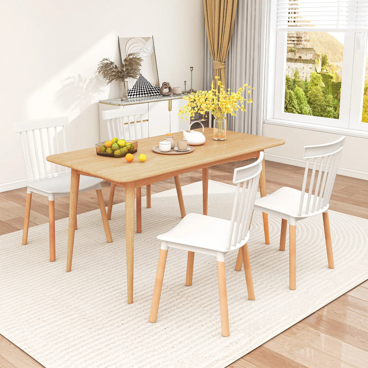 Set of 4 Windsor Dining Chairs with Spindle Backs and Curved Seats-White