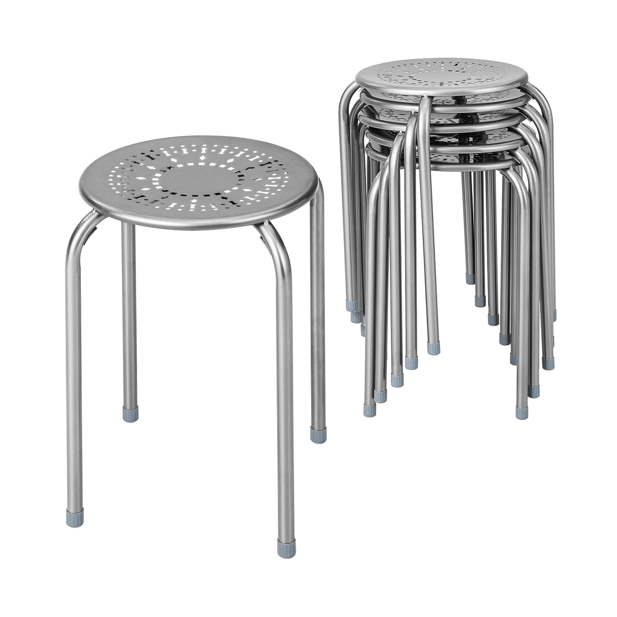 6-Pack Stackable Multifunctional Daisy Design Backless Round Metal Stool Set-Grey