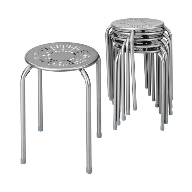 6-Pack Stackable Multifunctional Daisy Design Backless Round Metal Stool Set-Grey