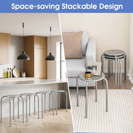 6-Pack Stackable Multifunctional Daisy Design Backless Round Metal Stool Set-Grey