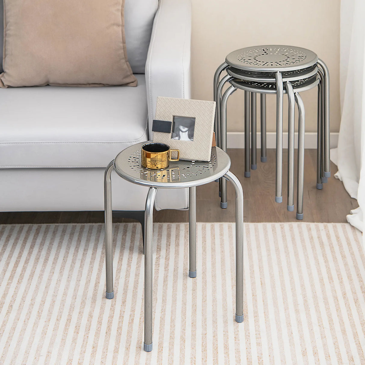 6-Pack Stackable Multifunctional Daisy Design Backless Round Metal Stool Set-Grey