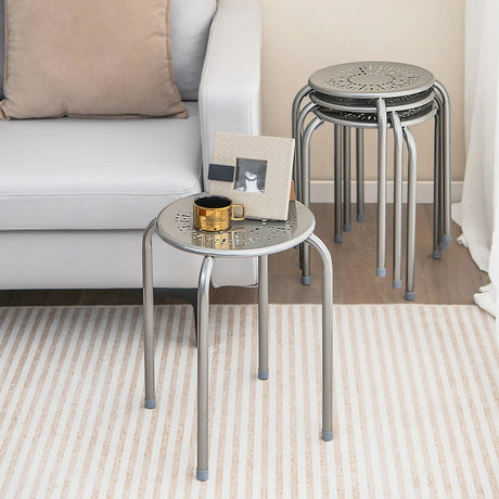 6-Pack Stackable Multifunctional Daisy Design Backless Round Metal Stool Set-Grey