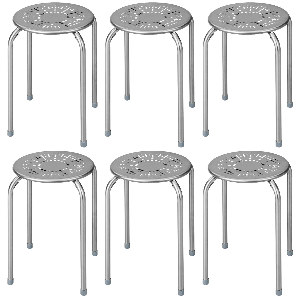 6-Pack Stackable Multifunctional Daisy Design Backless Round Metal Stool Set-Grey