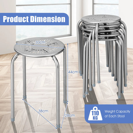 6-Pack Stackable Multifunctional Daisy Design Backless Round Metal Stool Set-Grey