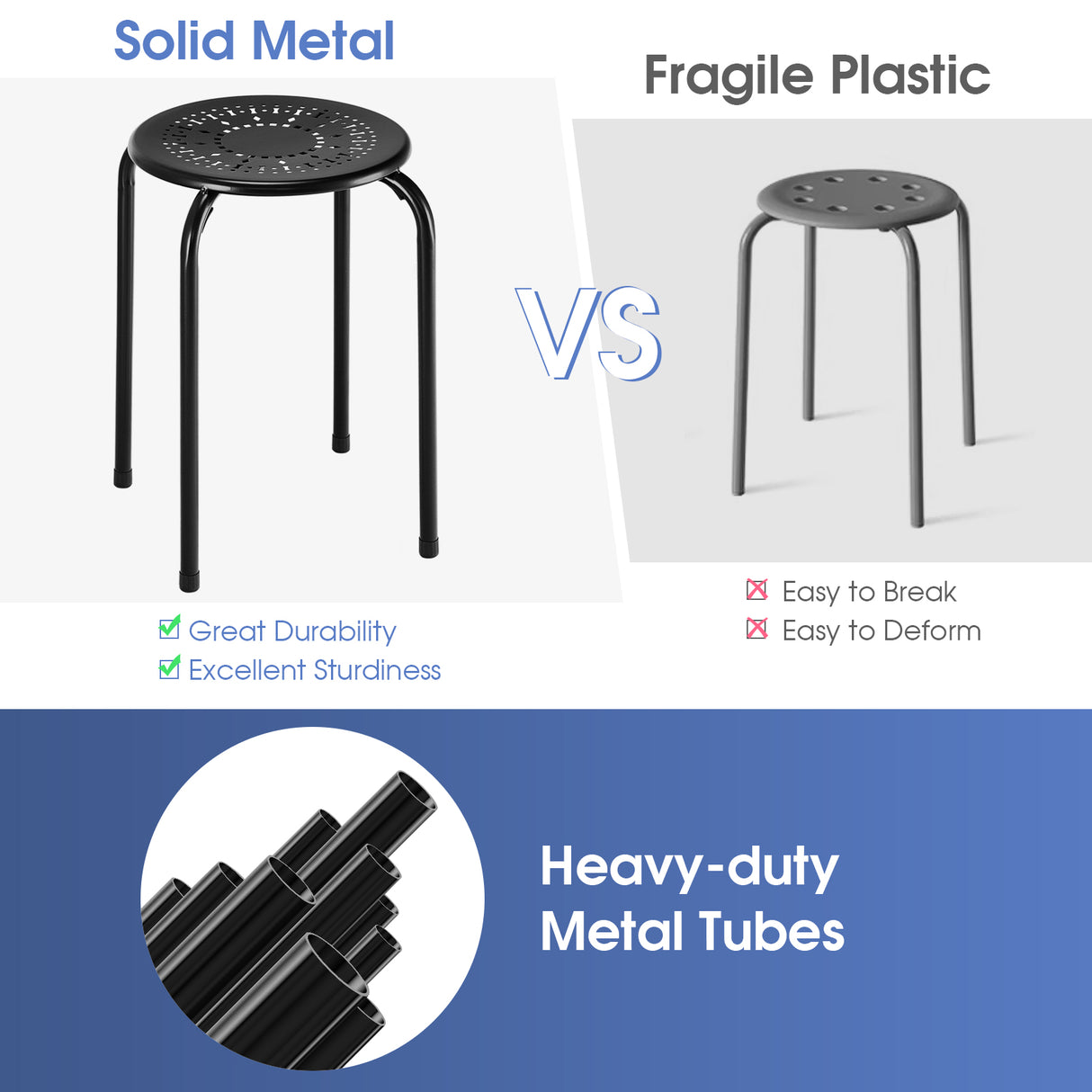 Set of 6 Stackable Round Steel Stools with X-shape Connection