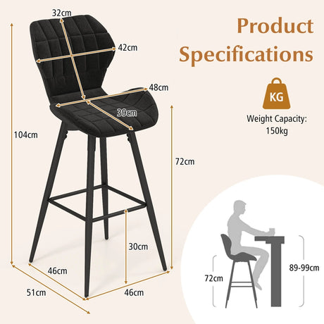 Set of 2 bar stools with backrest &amp; footrest Padded bar chairs Modern dining chair