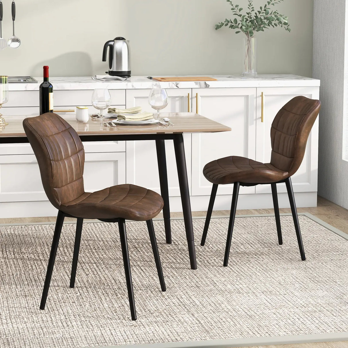 Dining Chairs Set of 2 with Padded Back, Metal Legs and Adjustable Foot Pads-Brown