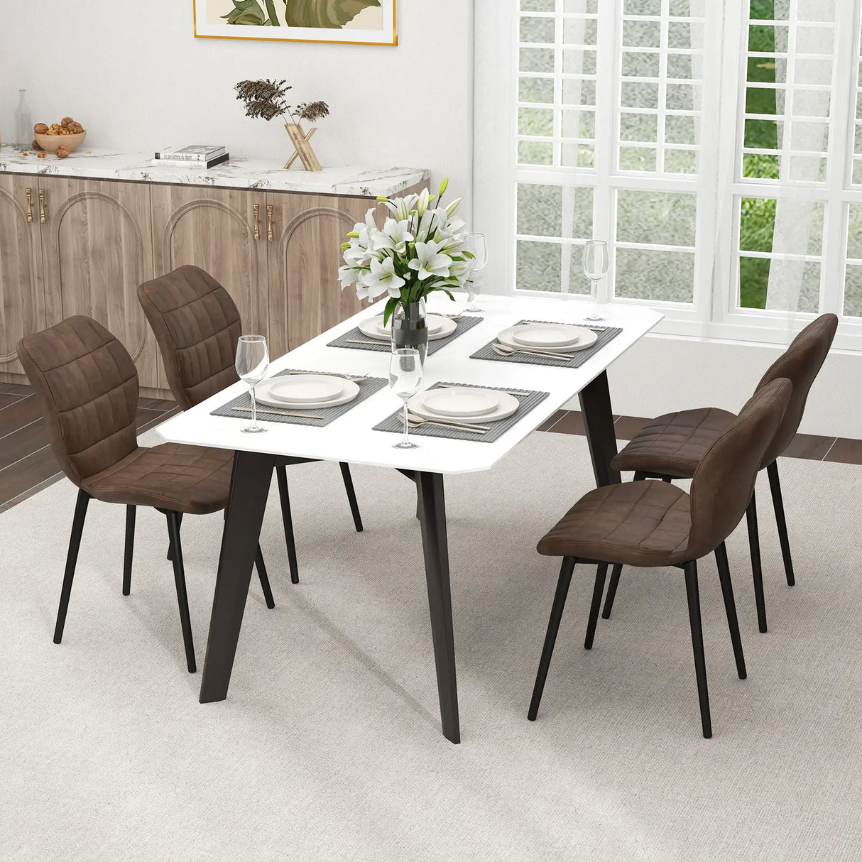 Dining Chairs Set of 2 with Padded Back, Metal Legs and Adjustable Foot Pads-Brown