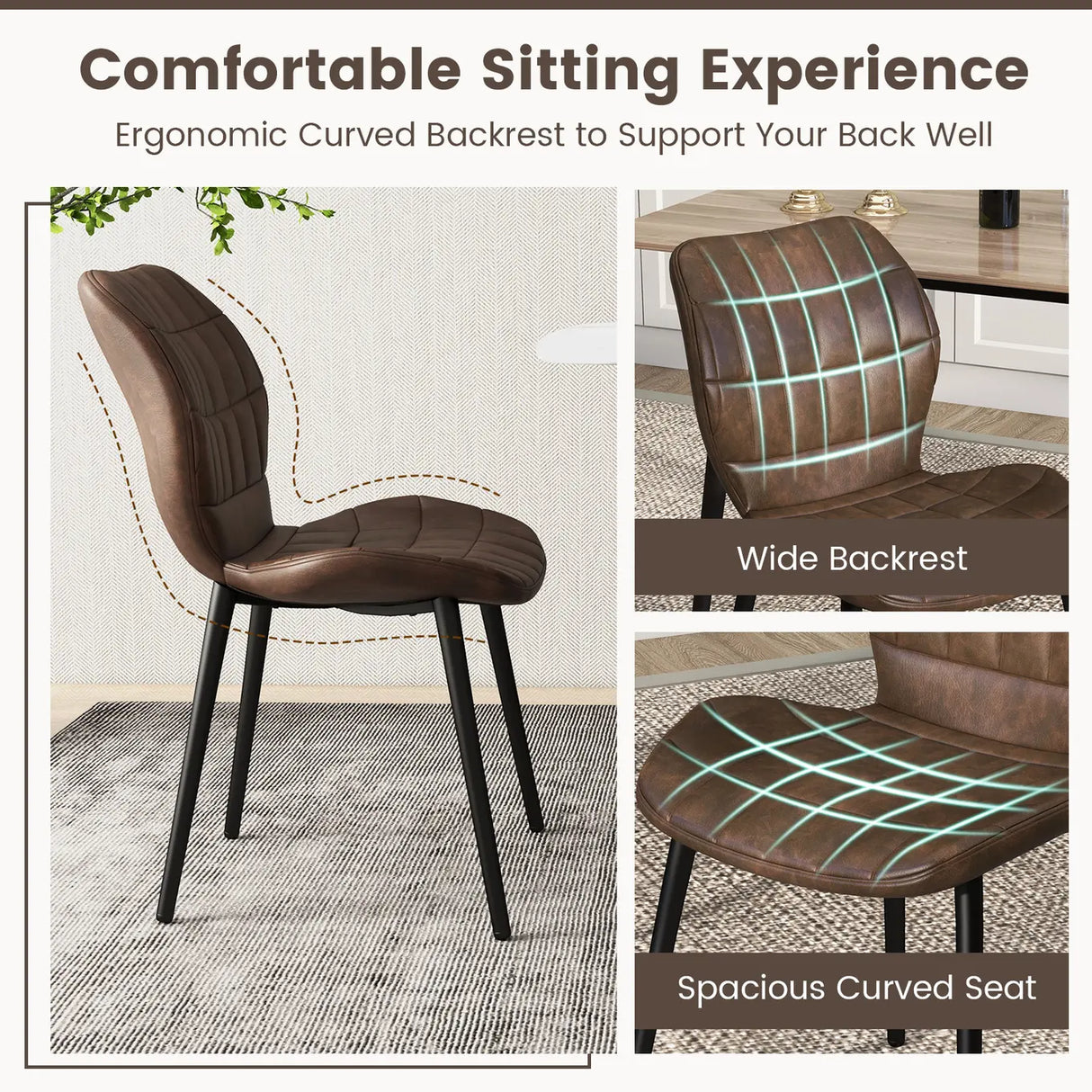 Dining Chairs Set of 2 with Padded Back, Metal Legs and Adjustable Foot Pads-Brown