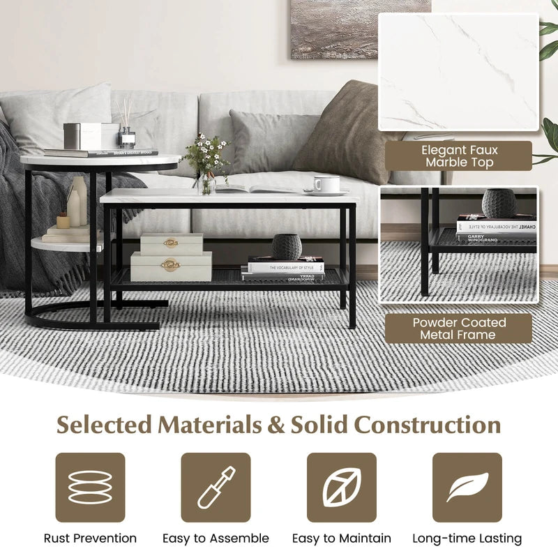 Set of 2 Nesting Coffee Table with Extra Storage Shelf for Living Room-Black