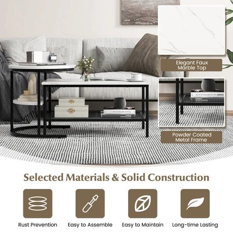 Set of 2 Nesting Coffee Table with Extra Storage Shelf for Living Room-Black