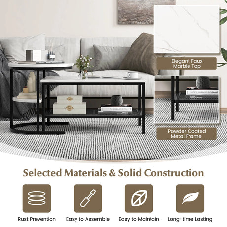 Set of 2 Nesting Coffee Table with Extra Storage Shelf for Living Room-Black
