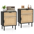 Mid Century Modern Rattan Nightstand Set of 2 with Drawer and Cabinet-Black