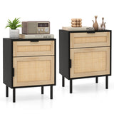 Mid Century Modern Rattan Nightstand Set of 2 with Drawer and Cabinet-Black