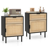 Mid Century Modern Rattan Nightstand Set of 2 with Drawer and Cabinet-Black