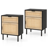 Mid Century Modern Rattan Nightstand Set of 2 with Drawer and Cabinet-Black