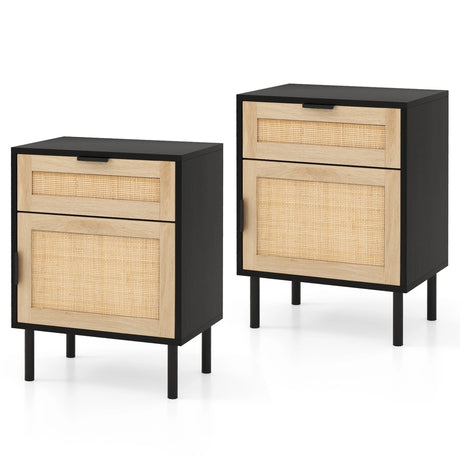 Mid Century Modern Rattan Nightstand Set of 2 with Drawer and Cabinet-Black