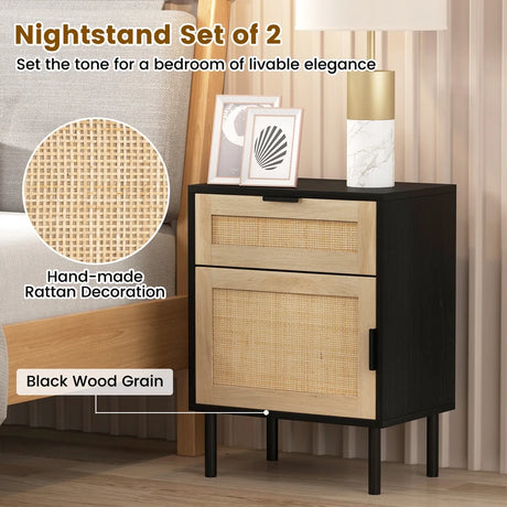Mid Century Modern Rattan Nightstand Set of 2 with Drawer and Cabinet-Black