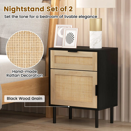 Mid Century Modern Rattan Nightstand Set of 2 with Drawer and Cabinet-Black