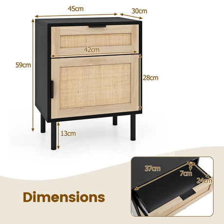 Mid Century Modern Rattan Nightstand Set of 2 with Drawer and Cabinet-Black