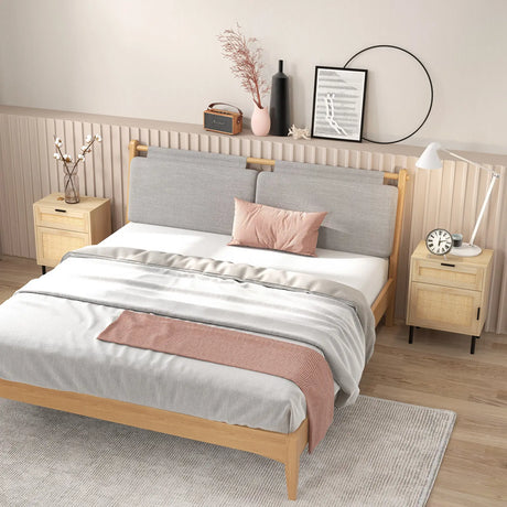 Set of 2 Rattan Nightstand with Drawer and Cabinet and Metal Legs-Natural