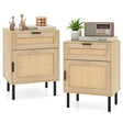 Set of 2 Rattan Nightstand with Drawer and Cabinet and Metal Legs-Natural