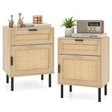 Set of 2 Rattan Nightstand with Drawer and Cabinet and Metal Legs-Natural