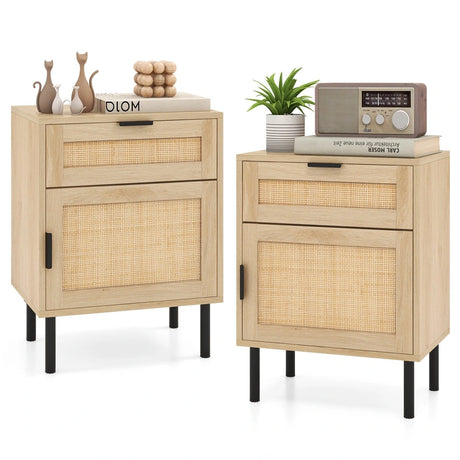 Set of 2 Rattan Nightstand with Drawer and Cabinet and Metal Legs-Natural