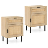 Set of 2 Rattan Nightstand with Drawer and Cabinet and Metal Legs-Natural