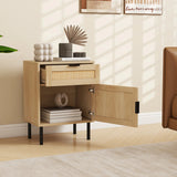 Set of 2 Rattan Nightstand with Drawer and Cabinet and Metal Legs-Natural