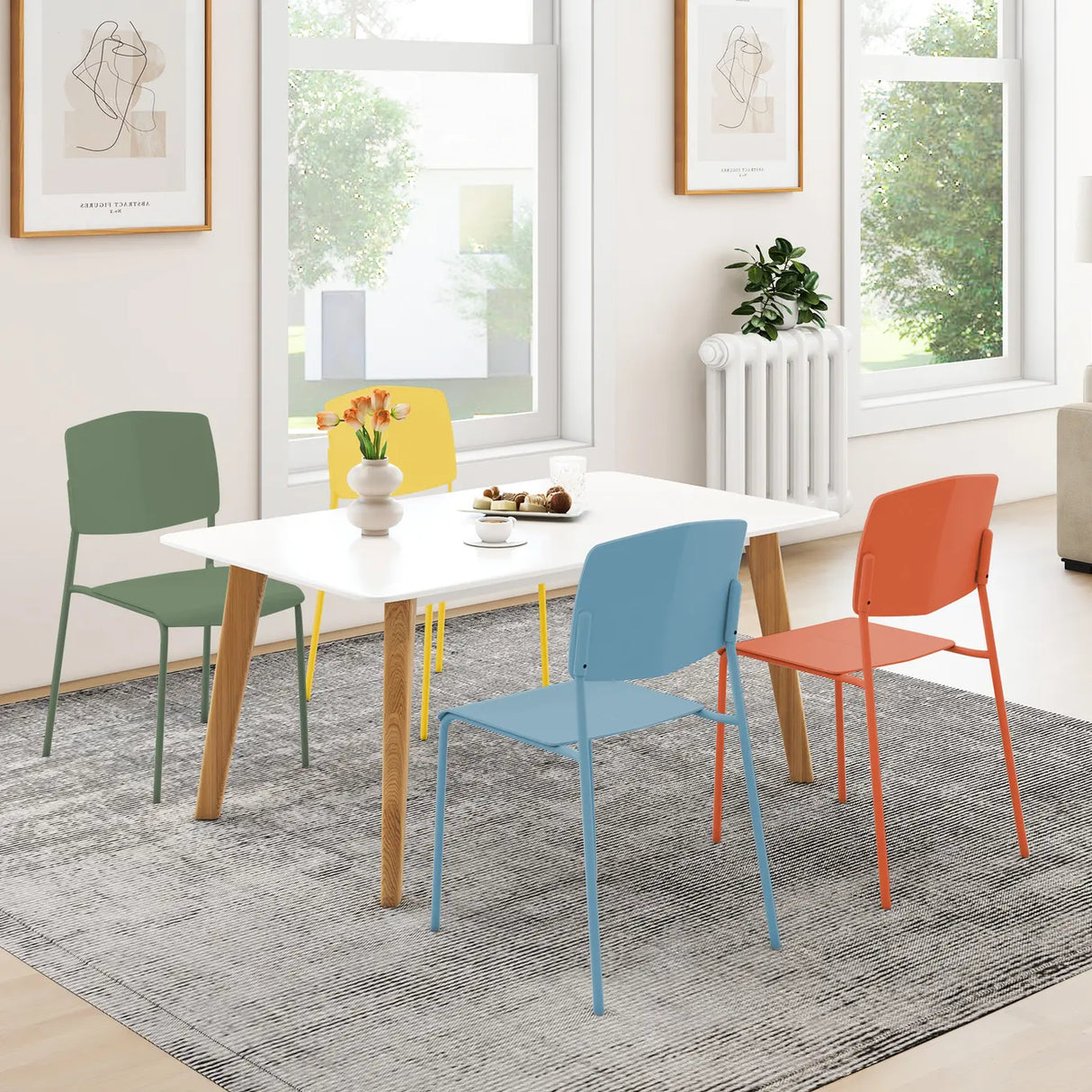 Set of 4 Dining Chair Stackable Armless Chairs with Backrest-Multicolor-4 Pack