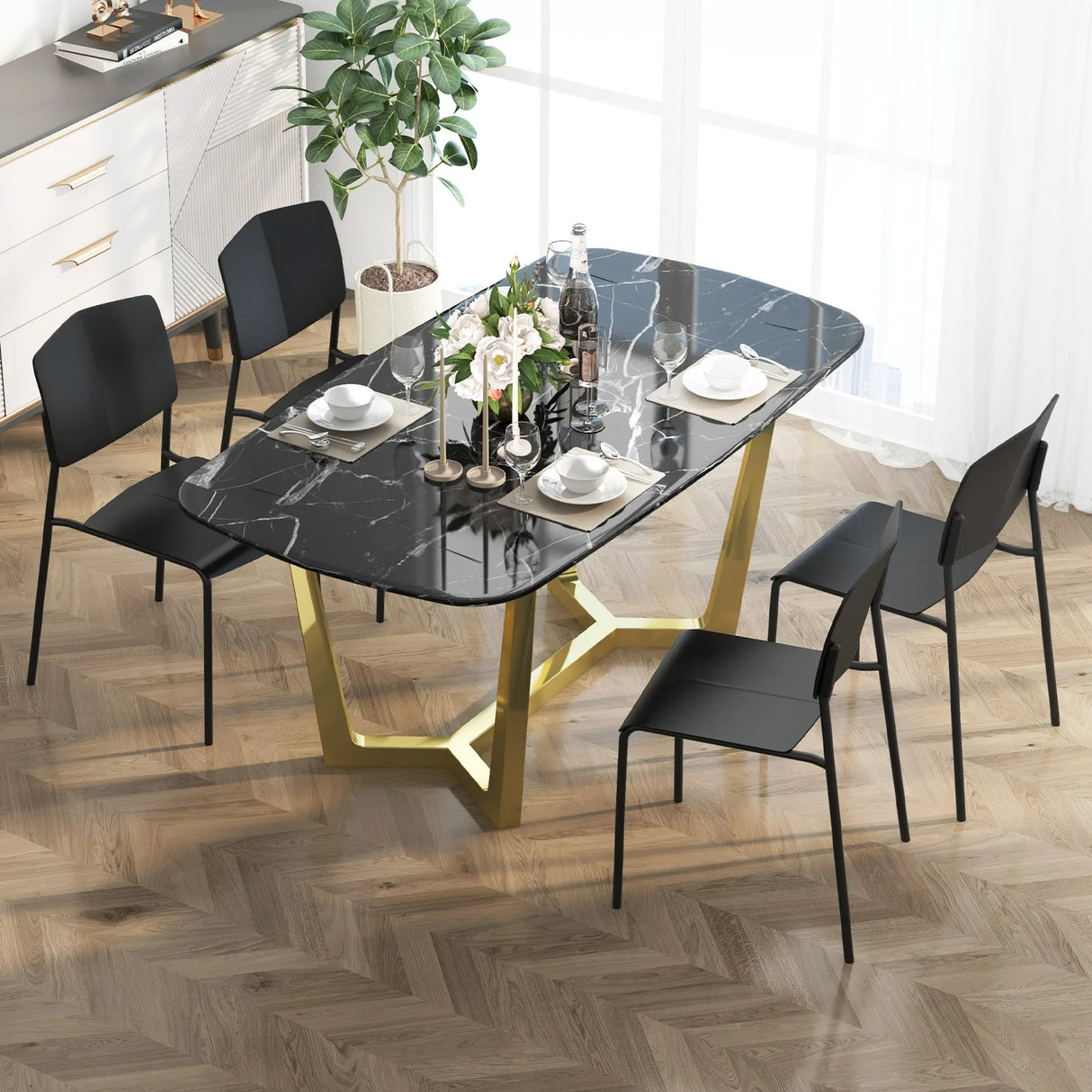Set of 4 Dining Chair Stackable Armless Chairs with Backrest-Black-4 Pack