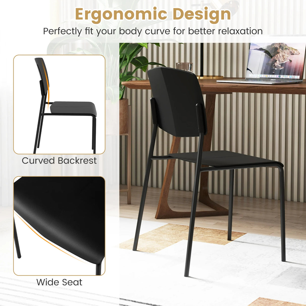 Set of 4 Dining Chair Stackable Armless Chairs with Backrest-Black-4 Pack