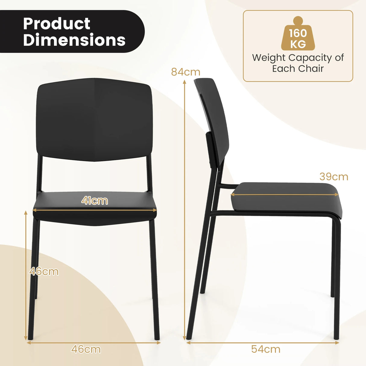 Set of 4 Dining Chair Stackable Armless Chairs with Backrest-Black-4 Pack
