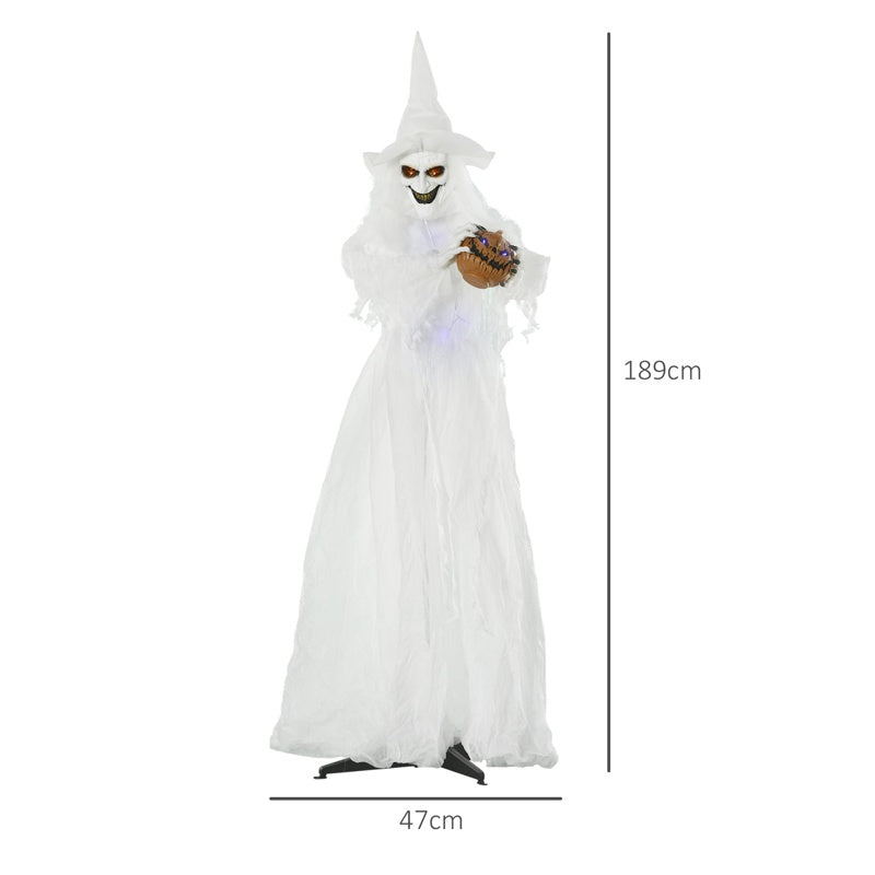 Outsunny 74 Inch Halloween Decorations White Witch Holding Pumpkin Head, Standing Skeleton Ghost Prop Life Size with Light Up Eyes and Body