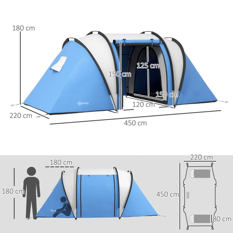 Outsunny Two-Man Tent, with Bedrooms, Living Room and Canopy - Blue