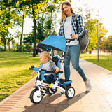 HOMCOM 6 in 1 Kids Trike Push Bike w/ Push Handle, Canopy, 5-point Seat Belt, Storage, Footrest, Brake, for 1-5 Years, Blue