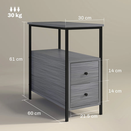 HOMCOM Side Table, Narrow Bedside Table with 2 Drawers and Storage Shelf, Industrial End Table with Metal Frame for Small Spaces, Grey Wood Grain