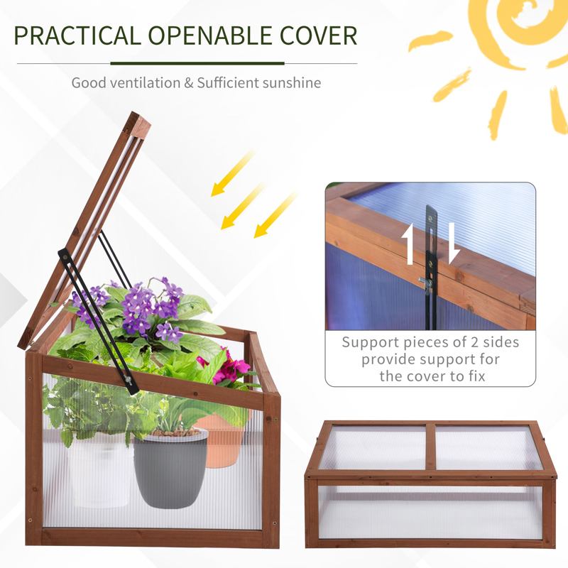 Outsunny Wooden Cold Frame, Small Polycarbonate Greenhouse for Plants with Openable & Tilted Top Cover, Brown, 100 x 65 x 40cm