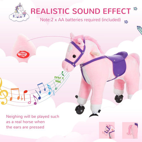 HOMCOM Rocking Horse Kids Ride on Walking Horse Animal Pony Wheeled Riding Plush Toy w/Sound for 3 Years and Up (Pink)